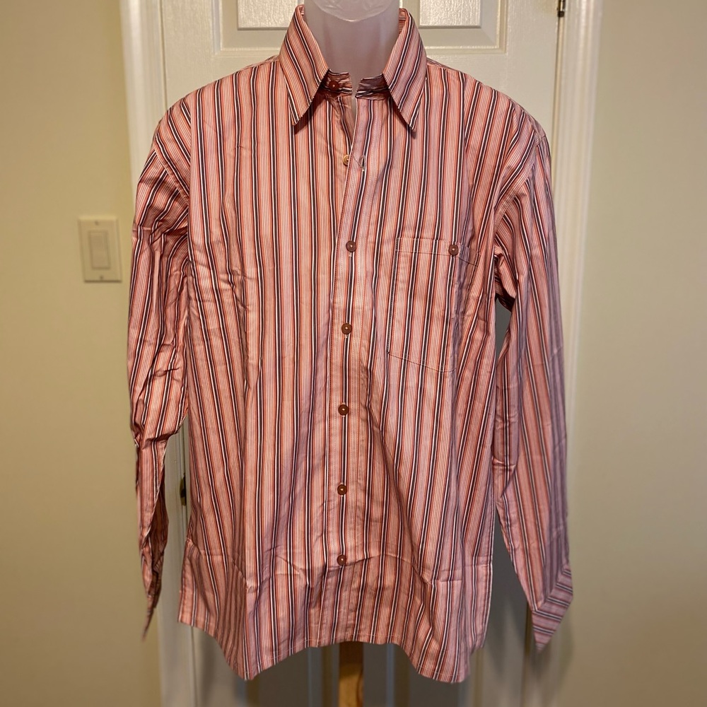 NWT Cotton Country - Mens orange/blue/white striped button down shirt, S…